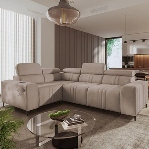 Rohová pohovka s funkcí spaní Castel II světle hnědá levá pohodlná rohová pohovka s nastavitelnými opěrkami hlavy kontejner na lůžkoviny