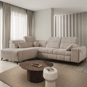 Rohová sedací souprava s funkcí spaní Penejos VII tmavě béžová levá stylová rohová sedací souprava s úložným prostorem na lůžkoviny pohodlné polohovatelné opěrky hlavy