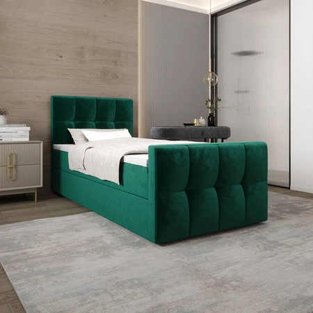 Kontinentální postel Manhattan 120x200 lahvově zelená v moderním skandinávském stylu s čalouněným čelem a nohou postele s úložným boxem