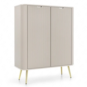 Béžová komoda Zoya 103 cm elegantní design oválného tvaru na zlatých kovových nohách vkusné drážkované čelo