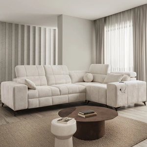 Rohová sedací souprava s funkcí spaní Penejos II Krémová pravá rohová sedací souprava se zásobníkem na lůžkoviny pro každodenní pohodlí při lenošení