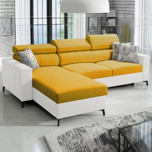 Rohová sedací souprava s funkcí spaní Savona žlutá / bílá levá elegantní rohová sedací souprava s nastavitelnými opěrkami hlavy dekorativní prošívání