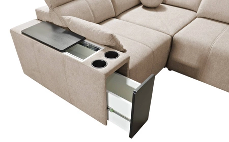 Rohová sedací souprava s funkcí spaní Tesalia modrá pravý roh moderní design pohodlný posuvný opěrák zásuvka v boku nábytku