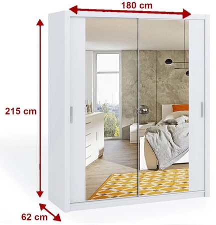 Zrcadlová posuvná skříň Rico 180 cm bílá funkční nábytek v klasickém stylu skříň určená do ložnice nebo předsíně