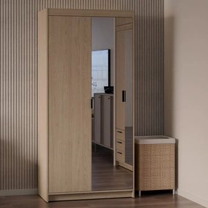 Zrcadlová šatní skříň Rene 90 cm olejovaný dub klasický design jednoduchý tvar ideální šatní skříň do ložnice nebo předsíně hrany s ABS úpravou