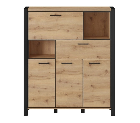 Aktiv vysoká komoda 120 cm dub taurus / černá designová komoda se zásuvkou v industriálním stylu s černými kovovými úchyty