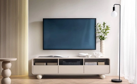 RTV skříňka Bion 160 cm béžová stylová TV skříňka v originálním stylu zaobleného tvaru designové kulovité nohy