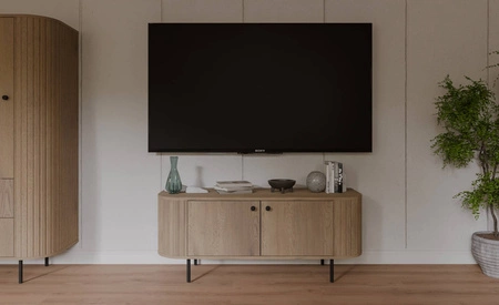 RTV skříňka Ovalio 123 cm dub cremona stylová TV skříňka unikátní oválný tvar dekorativní frézování kovové základny