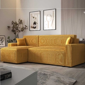 Rohová sedací souprava s funkcí spaní Brandon Bis medová levá trojrozměrná tkanina s výrazným pruhovaným kontejnerem na lůžkoviny