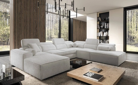 Rohová sedací souprava s funkcí spaní Viano X šedý jasan levá designová rohová sedací souprava do obývacího pokoje v moderním stylu s nastavitelnými opěrkami hlavy