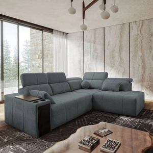 Rohová sedací souprava s funkcí spaní Tesalia VII šedá pravý roh moderní design pohodlné posuvné opěradlo zásuvka v boku nábytku