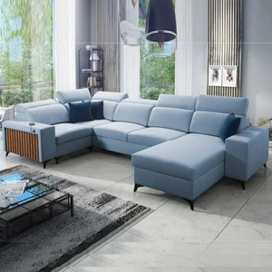 Rohová sedací souprava s funkcí spaní Kelly IV modrá pravá sametová pohodlná rohová sedací souprava nastavitelné opěrky hlavy boční čalounění s lištami
