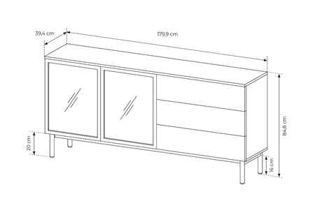 Komoda Clovis 180 cm černá / dub evokuje netradiční design komody s prosklenými čely se systémem push to open