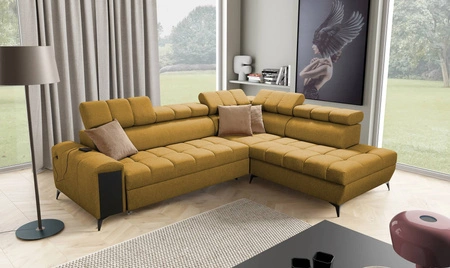 Rohová sedačka s funkcí spaní Bolmso VII mustard right elegantní rohová sedačka do obývacího pokoje se zásuvkou a úložným prostorem na lůžkoviny