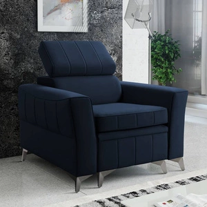 Křeslo Rava navy blue Praktické a pohodlné křeslo do obývacího pokoje s nastavitelnou opěrkou hlavy a kontejnerem z měkké sametové látky