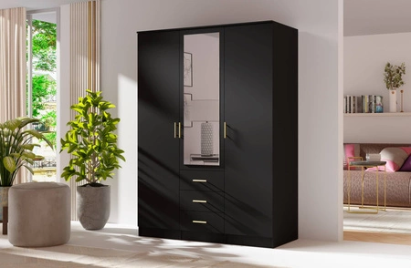 Šatní skříň Adel 150 cm černá elegantní design klasická forma šatní skříně se zrcadlem do ložnice nebo šatny prostorné zásuvky zlaté úchyty