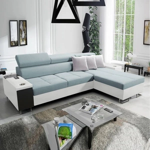 Rohová rozkládací pohovka Dafni arktická modrá / bílá pravá strana pletená pohodlí a funkčnost při každodenním odpočinku