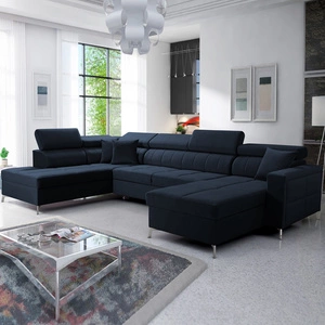 Nausa VI rohová sedačka s funkcí spaní tmavě modrá pravá stylová rohová sedačka do obývacího pokoje s pohodlnou povrchovou úpravou sametové látky