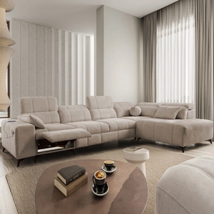 Rohová rozkládací pohovka s funkcí spaní Penejos XI Lux tmavě béžová stylová pravostranná rohová rozkládací pohovka s pohodlnou výsuvnou opěrkou nohou