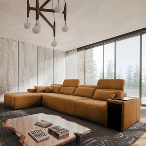 Rohová sedací souprava s funkcí spaní Tesalia XII medová levá moderní design pohodlný posuvný opěrák zásuvka v boční části nábytku