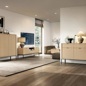 Designová obývací stěna Lovro dub vicenza Dekorativní drážkované fronty na kovovém podstavci