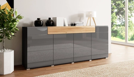 Komoda Toledo 208 cm antracit / antracit lesk / dub vnuk moderní design čela komody mírně prohnutá