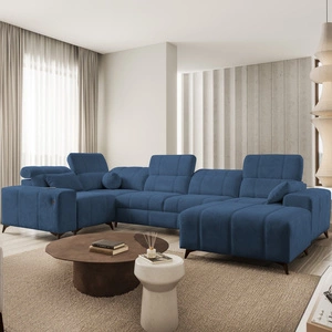 Rohová pohovka s funkcí spaní Penejos IV modrá pravostranná stylová rohová pohovka se dvěma přihrádkami na lůžkoviny odolná látka