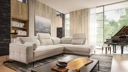 Rohová sedací souprava Samos béžová pravý roh moderní design jednoduchý a stylový design, který se hodí do každého interiéru nastavitelné opěrky hlavy