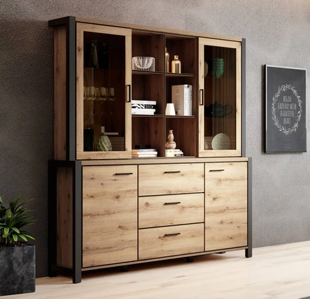 Nástavec na komodu Aktiv 180 cm dub taurus / černý stylový design bezpečnostní tvrzené sklo kovové černé úchyty