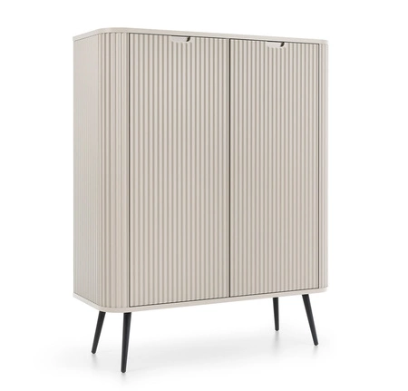 Béžová komoda Zoya 103 cm elegantní design oválného tvaru na černých kovových nohách vkusné drážkované čelo