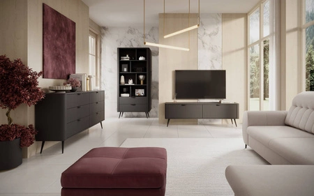 Komoda Lante 163 cm černá elegantní design oválný tvar komody na vysokých nohách vkusné rýhované čelo