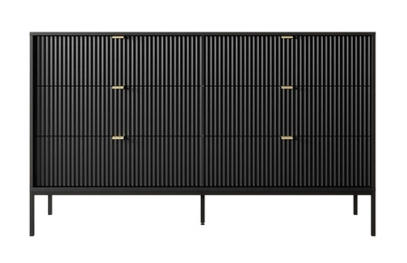 Komoda Lovro 154 cm se zásuvkami černá moderní design potěší milovníky výrazných interiérů drážkovaná čela kovové úchyty