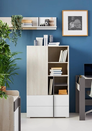 Remona nízká knihovna 80 cm dub wilton bílý / bílá knihovna se zásuvkami do pokoje pro mládež moderní design