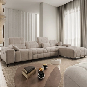 Rohová sedací souprava s funkcí spaní Penejos XII tmavě béžová pravá rohová sedací souprava s kontejnery na lůžkoviny pohodlné nastavitelné opěrky hlavy