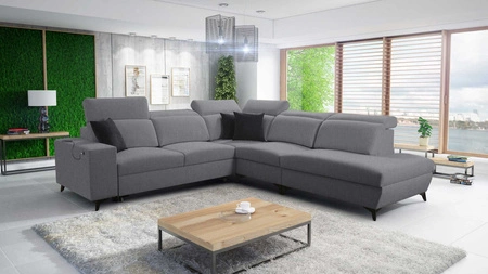 Kelly Sleek IX šedá pravá rohová pohovka s funkcí spaní elegantní rohová pohovka s pohodlnými područkami a nastavitelnými opěrkami hlavy