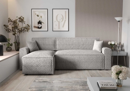Rohová sedací souprava s funkcí spaní Brandon Bis šedý jasan levá měkká tkanina s charakteristickou smyčkovou povrchovou nádobou na lůžkoviny