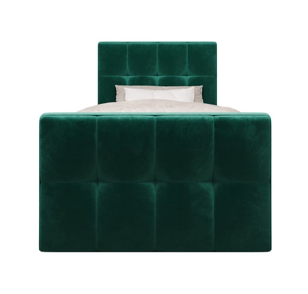 Kontinentální postel Manhattan 90x200 lahvově zelená v moderním skandinávském stylu s čalouněným čelem a nohou postele s úložným boxem