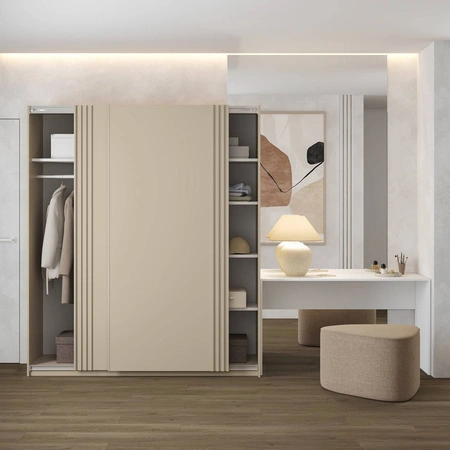 Posuvná šatní skříň Niva 180 cm béžová prostorná šatní skříň zdobená lamelami je ideální pro místnosti jakékoli velikosti