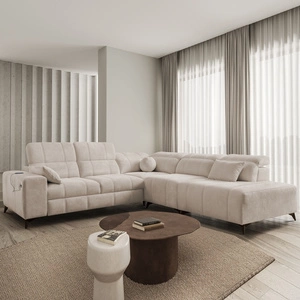 Rohová sedací souprava s funkcí spaní Penejos IX béžová pravostranná stylová rohová sedací souprava s kontejnery na lůžkoviny pohodlné nastavitelné opěrky hlavy