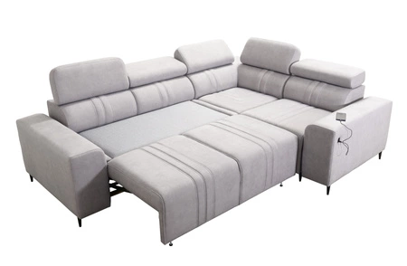 Rohová sedací souprava s funkcí spaní Castel II grafitová pravá pohodlná rohová sedací souprava s polohovatelnými opěrkami hlavy kontejner na lůžkoviny