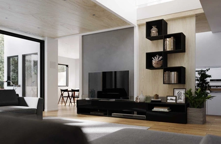 Nemea černá / lesklá černá univerzální a stylová nástěnná skříňka do obývacího pokoje minimalistický design v moderním prostředí