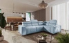 Rohová pohovka s funkcí spaní Castel II modrá pravá pohodlná rohová pohovka s nastavitelnými opěrkami hlavy kontejner na lůžkoviny