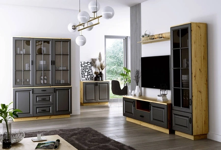 Styl 100 cm komoda dub artisan / šedý grafit užitková a funkční komoda stylové frézované čela kovové úchyty