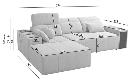 Rohová sedací souprava s funkcí spaní Tesalia medová levá moderní design pohodlný posuvný opěrák zásuvka v boku nábytku