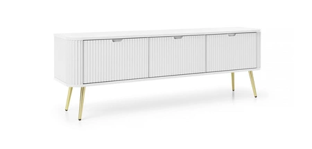 RTV skříňka Zoya 168 cm bílá moderní design masivní sestava na zlatých nohách rýhované čelo charakteristický oválný tvar