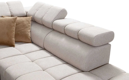 Rohová sedací souprava s funkcí spaní Bolmso VI hořčice pravá pohodlná rohová sedací souprava s nastavitelnými opěrkami hlavy dekorativní prošívání na sedáku