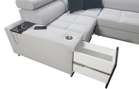 Rohová sedací souprava s funkcí spaní Dafni II hnědá levostranná proplétaná rohová sedací souprava s úložným prostorem na lůžkoviny s plnovýsuvnou zásuvkou v bočnici