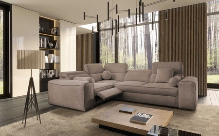 Rohová sedací souprava s funkcí spaní Viano II Lux světle hnědá levotočivá designová rohová sedací souprava do obývacího pokoje s pohodlným výsuvným podnožníkem