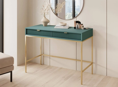 Konzola Lovro pastelově zelená se zásuvkami stylový a funkční nábytek do předsíně, obývacího pokoje nebo kanceláře, rám ve zlaté barvě