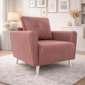 Křeslo Felicie lososové elegantní křeslo do obývacího pokoje s prostorným a měkkým sedákem dřevěné nohy dodávají optickou lehkost